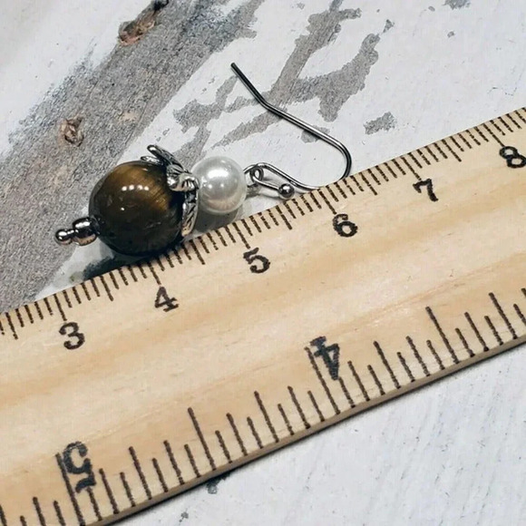 Handcrafted Tiger Eye Gemstone White Faux Pearl Silver Dangle Earrings - Picture 9 of 9